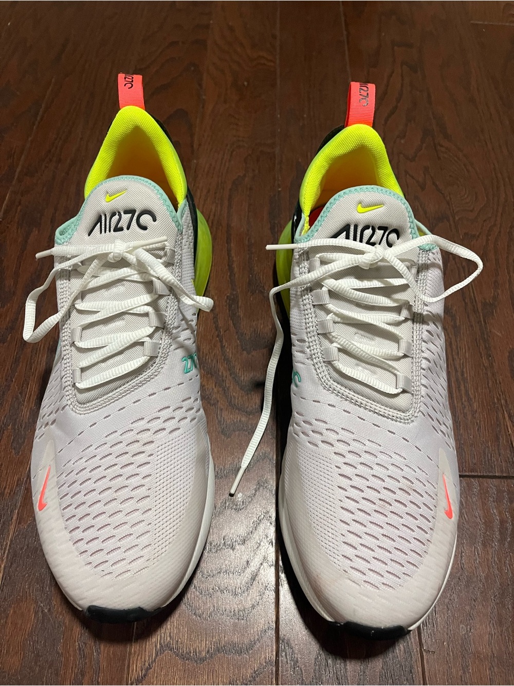 Nike Men’s Size 13 Air 270 White with Neon Yellow & Coral Accents